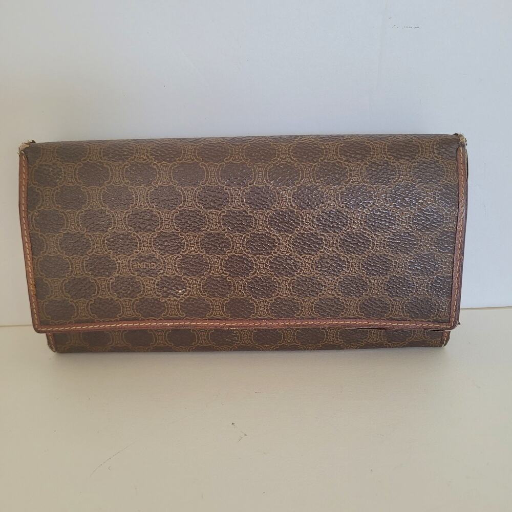 Celine Macadam Triomphe Monogram Brown Coated Canvas Leather Long Wallet Vintage